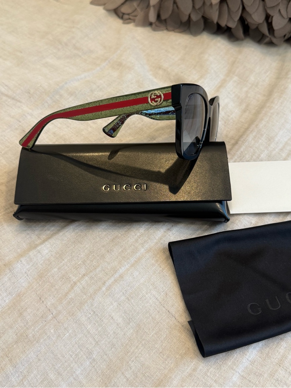 Gucci Black Sunglasses with Green and Red Stripe Temples